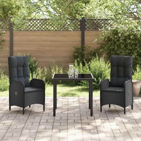 vidaXL Σέτ φαγητού για κήπο με μαξιλάρι 3 pcs Μαύρο Πολυ ράταν