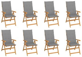 Καρέκλες Κήπου Ανακλινόμενες 8 τεμ. Μασίφ Ξύλο Teak &amp; Μαξιλάρια - Γκρι
