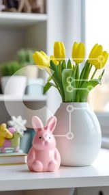 Σετ των 2 Intra Συλλεκτικό Ξύλινο Παζλ Plywood 4mm - Ροζ κουνελάκι με τουλίπες και κίτρινα λουλούδια Σε Ξύλινο Κουτί - Διαστάσεις: 10x10 cm – 25 κομμάτια