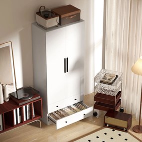 Ντουλάπα, 2 πόρτες, κρεμάστρα, ράγα ρούχων, 2 συρτάρια, MDF, λευκό