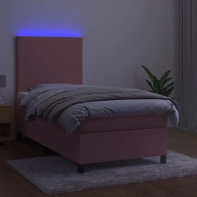 vidaXL Κρεβάτι Boxspring με Στρώμα &amp; LED Ροζ 100x200 εκ. Βελούδινο