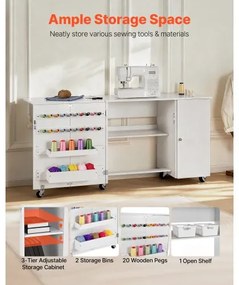 VEVOR Folding Sewing Table, Multipurpose Sewing Machine Table with Cabinet, Compact Design, Wheels, Wooden Pegs, Storage Trays and Shelf, Magnetic Door, Craft Station and Side Desk for Home, White