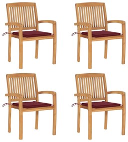 3073219 vidaXL Καρέκλες Κήπου Στοιβαζόμενες 4 τεμ. Μασίφ Ξύλο Teak + Μαξιλάρια Κόκκινο, 1 Τεμάχιο