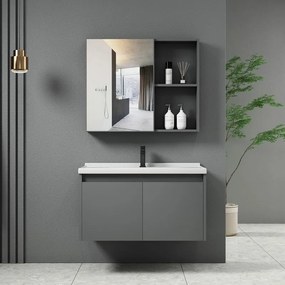 WOODWELL IDEA-1 Set Έπιπλο Κρεμαστό Μπάνιου Γκρι, Καθρέπτης + Πάγκος με Νιπτήρα και Μπαταρία Up:55x11x60cm Down:60x47x45cm ΕΝ100,3