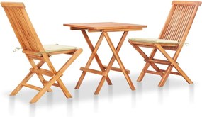 vidaXL Σετ Επίπλων Mπιστρό 3 τεμ. Μασίφ Ξύλο Teak με Κρεμ Μαξιλάρια