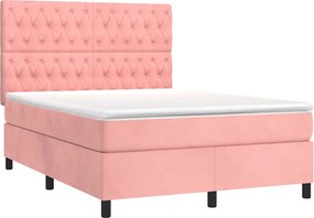 vidaXL Κρεβάτι Boxspring με Στρώμα &amp; LED Ροζ 140x200 εκ. Βελούδινο