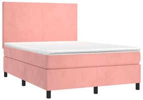 Κρεβάτι Boxspring με Στρώμα &amp; LED Ροζ 140x190 εκ. Βελούδινο - Ροζ