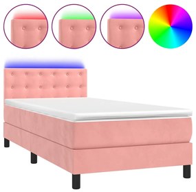 vidaXL Κρεβάτι Boxspring με Στρώμα &amp; LED Ροζ 90x190 εκ. Βελούδινο