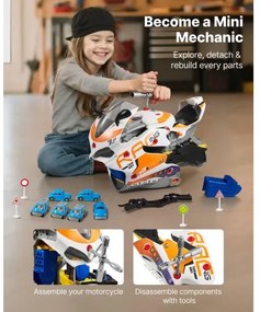 VEVOR Motorcycle Engine Toy, 25 Pieces, Motorcycle Mechanic Toy with Removable Parts, Lights &amp; Sounds, Simulated Riding &amp; Track Racing, Kids Mechanic Workshop Set for Toddler 3 Years and Up, Yellow