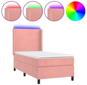 vidaXL Κρεβάτι Boxspring με Στρώμα &amp; LED Ροζ 90x190 εκ. Βελούδινο