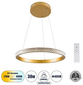 Κρεμαστό Φωτιστικό Οροφής LED 30W 3513lm DIAMOND 61129 Χρυσό Globostar 61129 Χρυσό