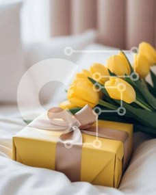 Intra Συλλεκτικό Ξύλινο Παζλ Plywood 4mm - Κίτρινο κουτί δώρου με τουλίπες σε λευκό κρεβάτι Σε Ξύλινο Κουτί - Διαστάσεις: 10x10 cm – 25 κομμάτια