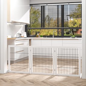 PawHut Πτυσσόμενο Φράγμα Σκύλου με Πόδια Στήριξης, Πύλη Ασφαλείας για Σκύλους, Πύλη Τζακιού &amp; Σόμπας, Ξύλο Πεύκου Λευκό 185 x 36 x 71 cm