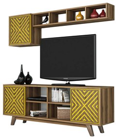 TV FURNITURE SET  MELAMINE IN WALNUT AND YELLOW 160x35x56.2Hcm.