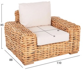 Καρέκλα - Πολυθρόνα TROPEL C9810 Ξύλο Mango με Φυσικό Rattan και Λευκά Μαξιλάρια 110x88x70-85Υεκ. 110x88x85 εκ.