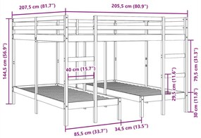 Τριπλή Κουκέτα Καφέ Κεριού 200x200/80x200 εκ. Μασίφ Ξύλο Πεύκου - Καφέ