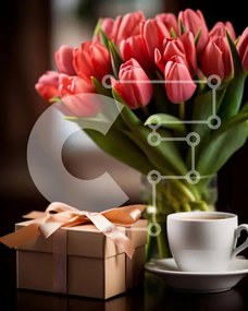 Intra Συλλεκτικό Ξύλινο Παζλ Plywood 4mm - Ροζ τουλίπες και φλιτζάνι καφέ με κουτί δώρου Σε Ξύλινο Κουτί - Διαστάσεις: 10x10 cm – 25 κομμάτια