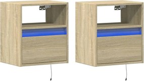 vidaXL Κομοδίνα Επιτοίχια με Φώτα LED 2 τεμ. Sonoma Δρυς
