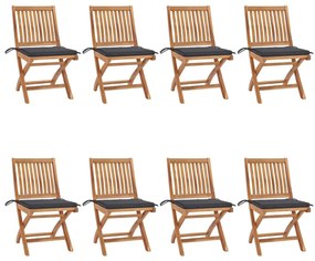Καρέκλες Κήπου Πτυσσόμενες 8 τεμ. Μασίφ Ξύλο Teak με Μαξιλάρια - Ανθρακί