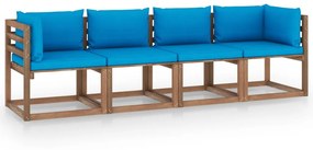Καναπές Κήπου Παλέτας Τετραθέσιος Εμπ. Ξύλο Πεύκου&amp;Μαξιλάρια - Μπλε