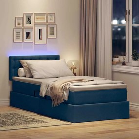 vidaXL LED Κρεβάτι αποθήκευσης με στρώμα Μπλε 90 x 200 cm Ύφασμα