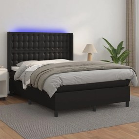 Κρεβάτι Boxspring με Στρώμα &amp; LED Μαύρο 140x190 εκ. Συνθ. Δέρμα - Μαύρο