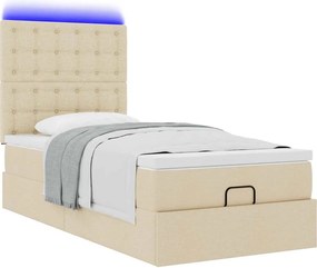 vidaXL Οθωμανικό κρεβάτι με στρώμα &amp; LEDs Cream 90x190cm ύφασμα