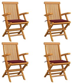 vidaXL Καρέκλες Κήπου 4 τεμ. από Μασίφ Ξύλο Teak με Μπορντό Μαξιλάρια