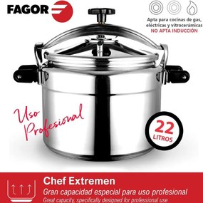 Χύτρα ταχύτητας Fagor Chef Extremen 100602653, 15 L, 30 cm, 50 kPa, 3 συστήματα ασφαλείας, Αλουμίνιο, Ασημί