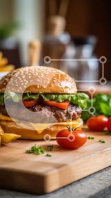 Intra Συλλεκτικό Ξύλινο Παζλ Plywood  4mm - Νόστιμο Cheeseburger και πατάτες σε ξύλινο ξύλο κοπής Σε Ξύλινο Κουτί - Διαστάσεις: 10x10 cm – 25 κομμάτια