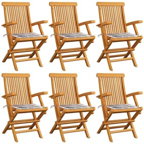 vidaXL Καρέκλες Κήπου 6 τεμ. Μασίφ Ξύλο Teak με Γκρι Καρό Μαξιλάρια