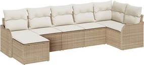 vidaXL Σετ Καναπέ Κήπου με μαξιλάρι 7 pcs Μπεζ και λευκό Πολυ ράταν