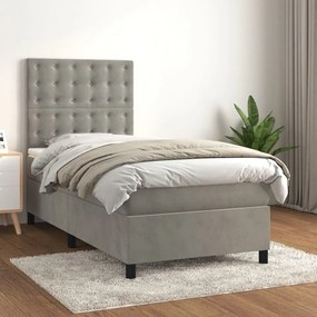 Κρεβάτι Boxspring με Στρώμα Ανοιχτό Γκρι 90x190 εκ. Βελούδινο