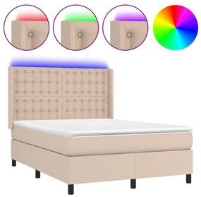 Κρεβάτι Boxspring Στρώμα&amp;LED Καπουτσίνο 140x200 εκ. Συνθ. Δέρμα - Καφέ