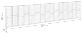 vidaXL Συρματοκιβώτιο Τοίχος 900x30x200 εκ. Γαλβαν.Χάλυβας + Καλύμματα