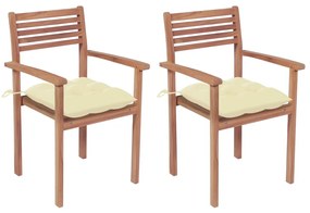 Καρέκλες Κήπου 2 τεμ. Μασίφ Ξύλο Teak με Λευκά Κρεμ Μαξιλάρια
