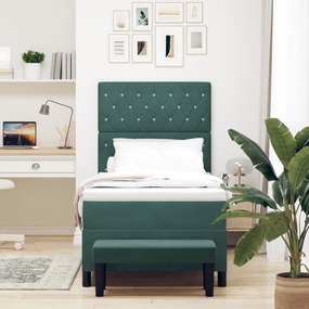 vidaXL Κρεβάτι Box Spring με Στρώμα & Παγκάκι Σκούρο Πράσινο 90x190 εκ. Βελούδο