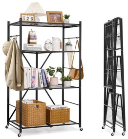 VEVOR Folding Storage Shelf with Wheels 4-Tier No Assembly Organizer Shelf Black