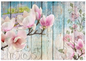 Φωτοταπετσαρία - Pink Flowers on Wood 250x175