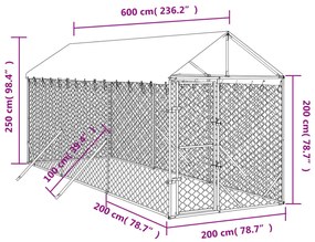 vidaXL Κλουβί Σκύλου Εξ. Χώρου με Οροφή Ασημί 2x6x2,5 μ. Γαλβ. Ατσάλι