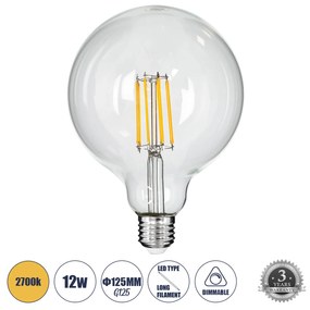 GloboStar 99014 Λάμπα LED Long Filament E27 G125 Γλόμπος 12W 1200lm 360° AC 220-240V IP20 Φ12.5 x Υ18cm Θερμό Λευκό 2700K με Διάφανο Γυαλί - Dimmable - 3 Years Warranty - 99014