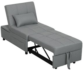 HOMCOM Πολυθρόνα-κρεβάτι 3-σε-1 με πλαϊνή τσέπη, κρεβάτι επισκέπτη με μαξιλάρι, ρυθμιζόμενη πλάτη, πολυθρόνα-κρεβάτι με ροδάκια, ανοιχτό γκρι