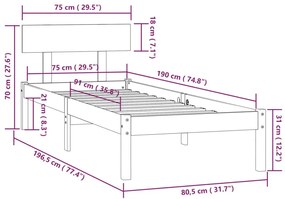 Πλαίσιο Κρεβατιού Λευκό 75x190 εκ. Μασίφ Ξύλο Small Single - Λευκό