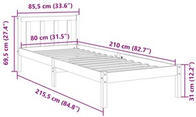 Πλαίσιο Κρεβατιού Μακρύ Χωρίς Στρώμα 80x210 εκ Μασίφ Πεύκο - Καφέ