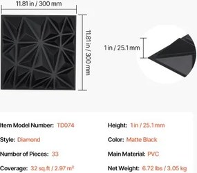 VEVOR 3D Wall Panels 33-Pack 11.81x11.81'' PVC 32 Sq.Ft Coverage Diamond Black