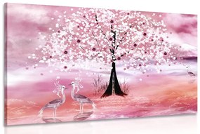 Εικόνα ερωδιών κάτω από ένα μαγικό δέντρο σε ροζ χρώμα - 120x80