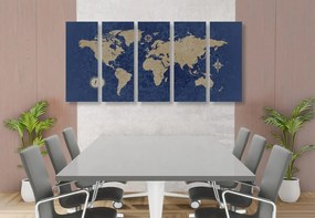 Παγκόσμιος χάρτης εικόνας 5 μερών με πυξίδα σε ρετρό στυλ σε μπλε φόντο
