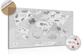 Εικόνα σε φελλό ενός ασπρόμαυρου παγκόσμιου χάρτη με ζώα - 120x80
