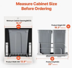 VEVOR Double Pullout Waste Container Kitchen Trash Can Soft Close Grey 35QTx2