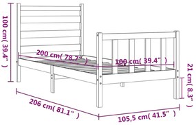 Πλαίσιο Κρεβατιού με Κεφαλάρι Μαύρο 100x200 εκ. Μασίφ Ξύλο - Μαύρο